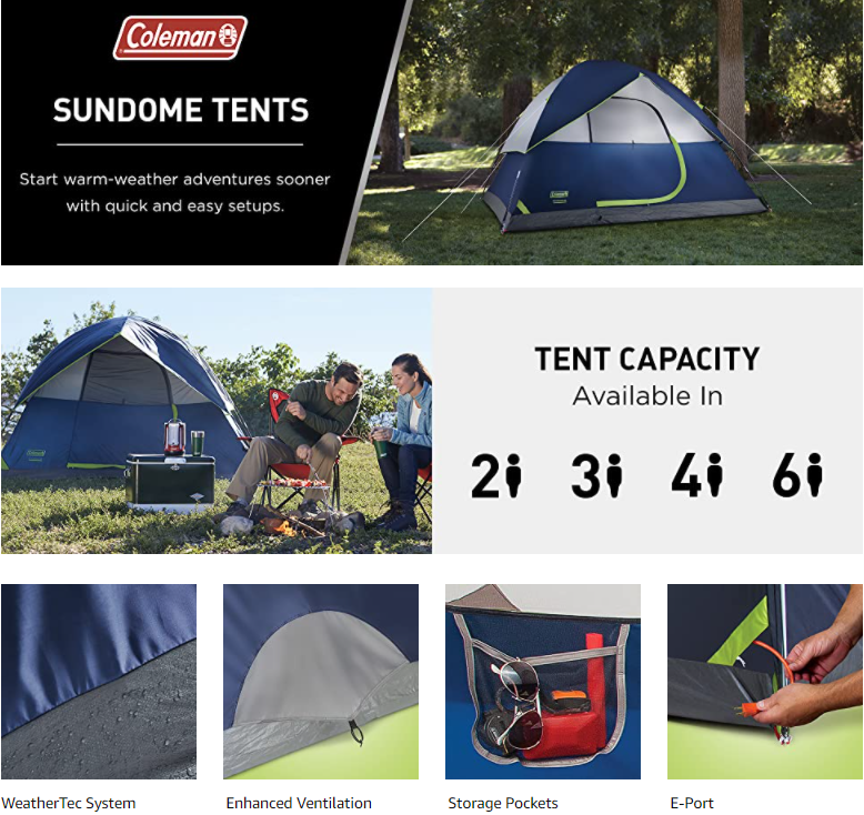 Coleman Sundome Tent 2Person Capacity for Outdoor