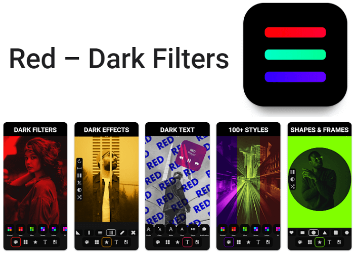 Red App for Dark Filters and Effects with Vintage Filters & 45+ Selected Fonts