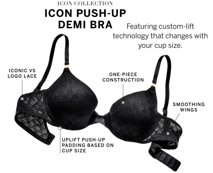 Victoria's Secret Icon Push Up Demi Bra, Custom Padding, VS Monogram Lace,  (32A-38DDD)